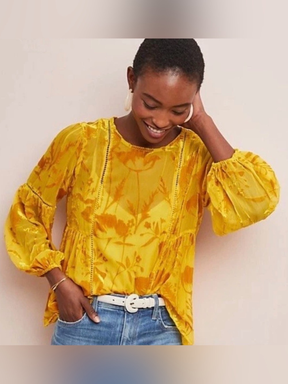 Meadow Rue Anthro Yolanda Blouse Womens 4 Yellow Velvet Burnout Peasant Top Boho